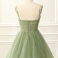 Chic Straps Pleated A-line Sage Green Homecoming Dress C565