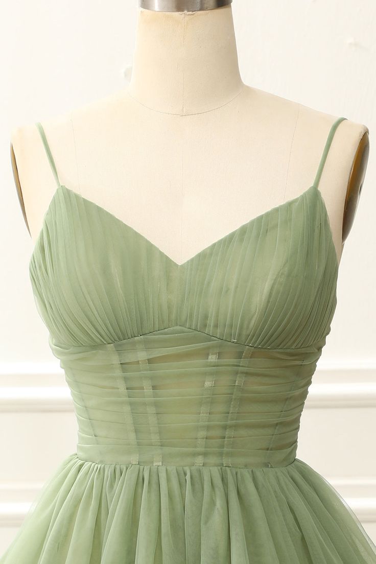 Chic Straps Pleated A-line Sage Green Homecoming Dress C565