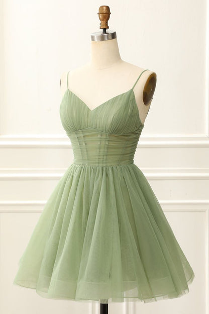 Robe de soirée plissée à bretelles chic, ligne a, vert sauge, C565