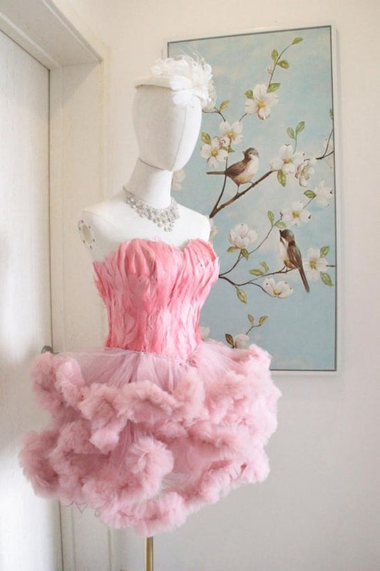 Short Pink Feather Sweetheart Puffy Tulle Cocktail Party Dress Birthday Dress Homecoming Dresses C568