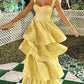 Yellow Sweetheart Sleeveless Ruffle Floor Length Prom Dress Birthday Outfits C570