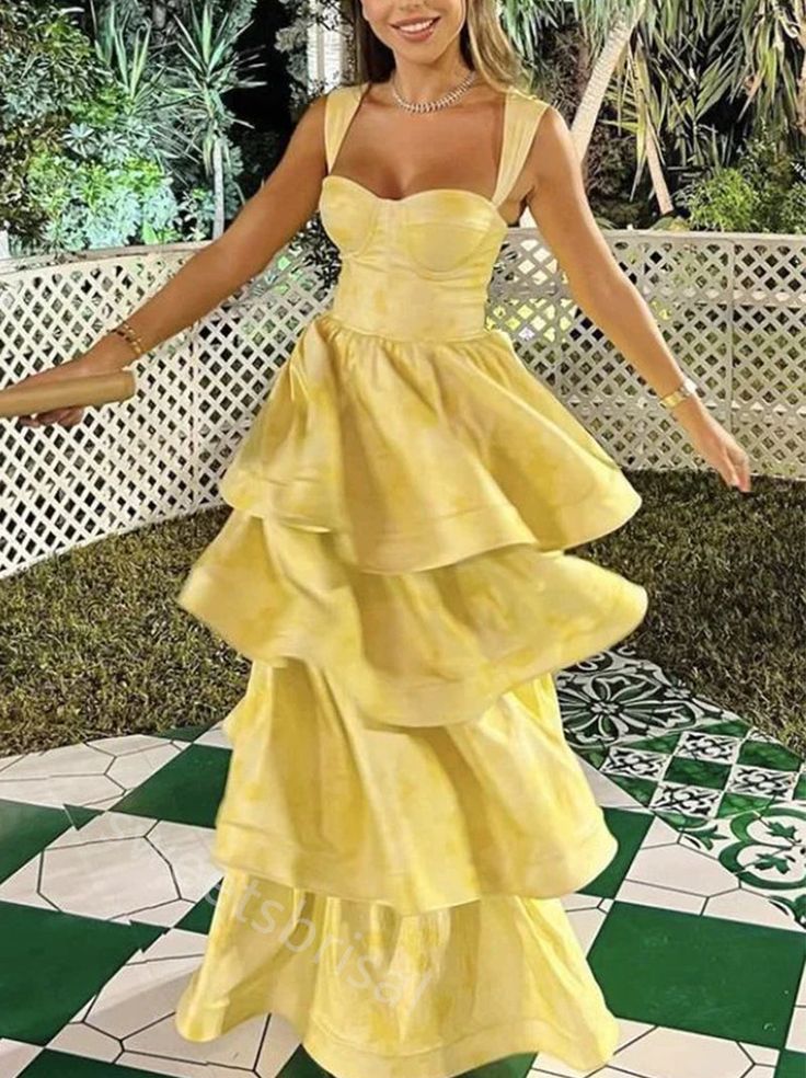 Robe de bal jaune sans manches, à volants, longueur au sol, tenues d'anniversaire, C570