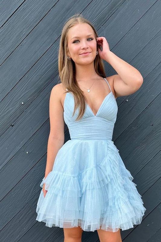 Light Blue A-line V Neck Ruffle-Layers Homecoming Dress Birthday Dress C571