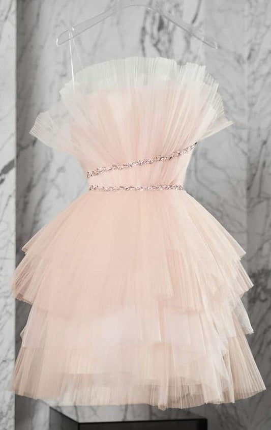 Stunning A line Pink Short Party Dress Tulle Homecoming Dress C576