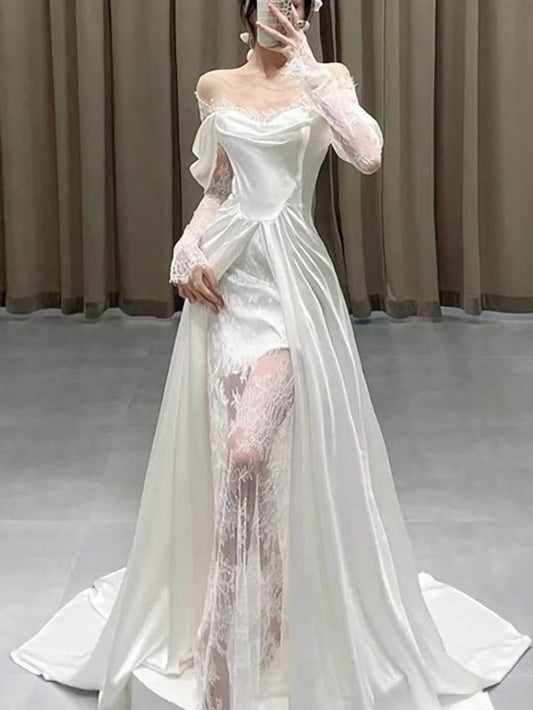 Robe de mariée sirène en Satin, Simple, longue, à volants, fente blanche, C586