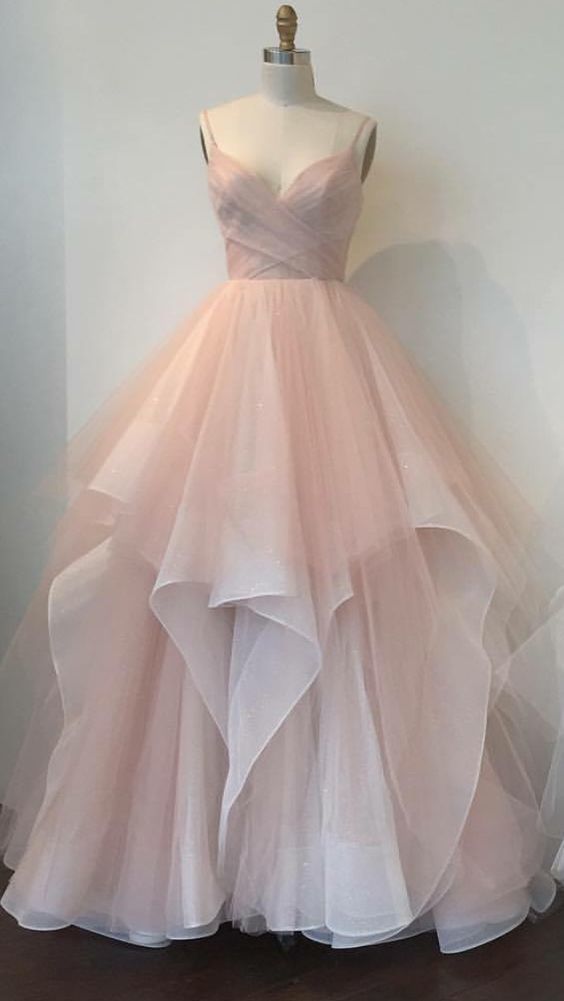 Sexy Ball Gown Straps Pink Tulle Long Prom Dresses C597