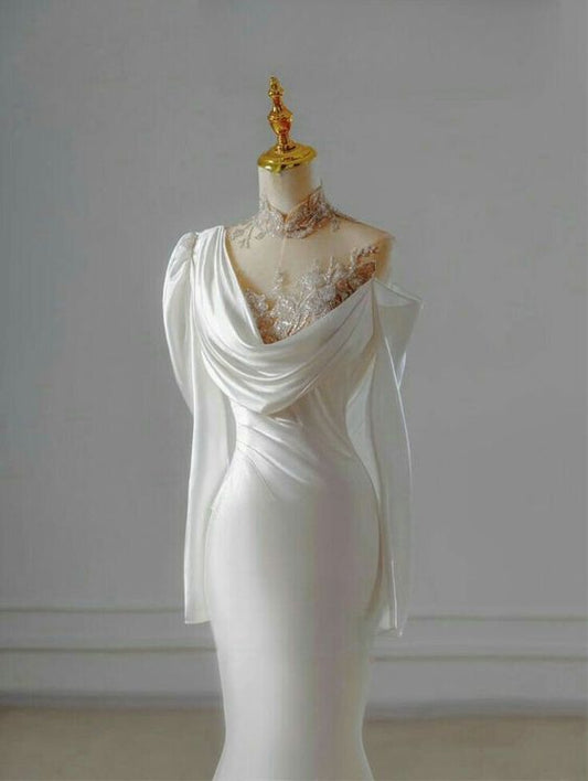 Robe de mariée sirène Vintage, col haut, manches longues, dentelle en Satin, longue, blanche, C598