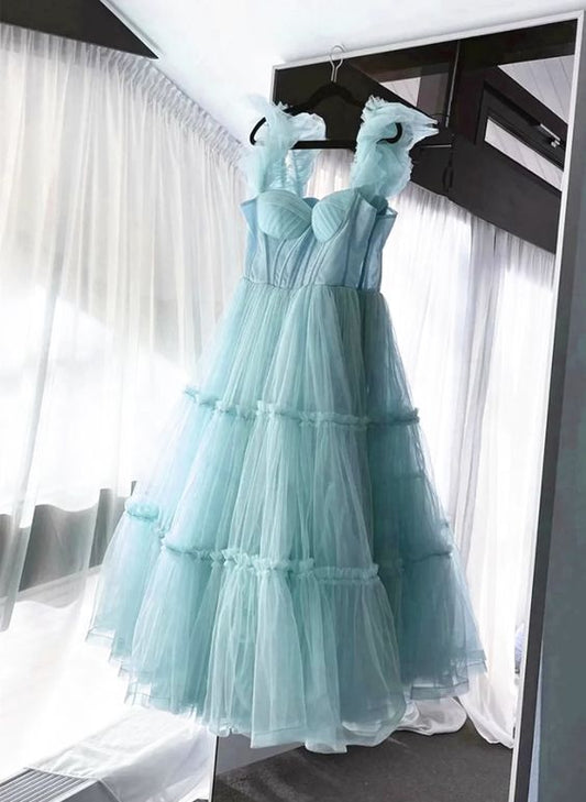 Robe longue de soirée à bretelles en Tulle bleu clair, robe de bal, tenues d'anniversaire, C599