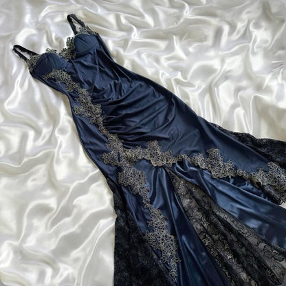 Robe de bal en dentelle sirène bleu marine sexy, robe de soirée C617