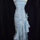 Vintage High Low Straps Ruffles Light Sky Blue Prom Dresses C62