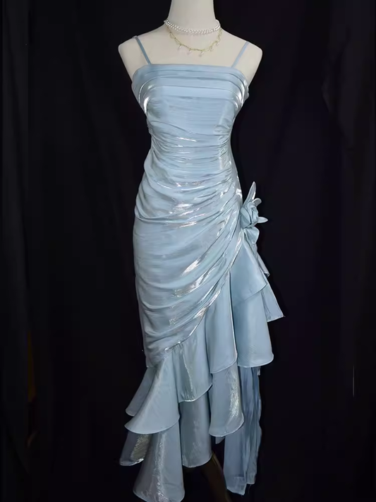 Vintage High Low Straps Ruffles Light Sky Blue Prom Dresses C62