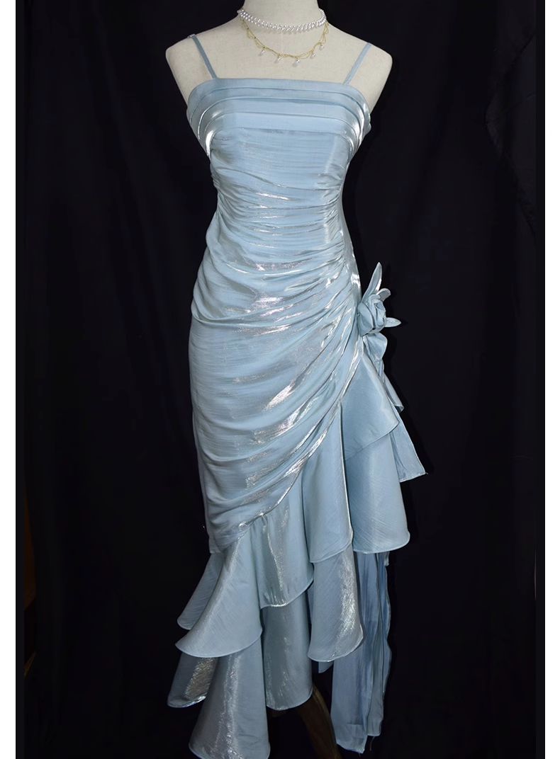 Vintage High Low Straps Ruffles Light Sky Blue Prom Dresses C62