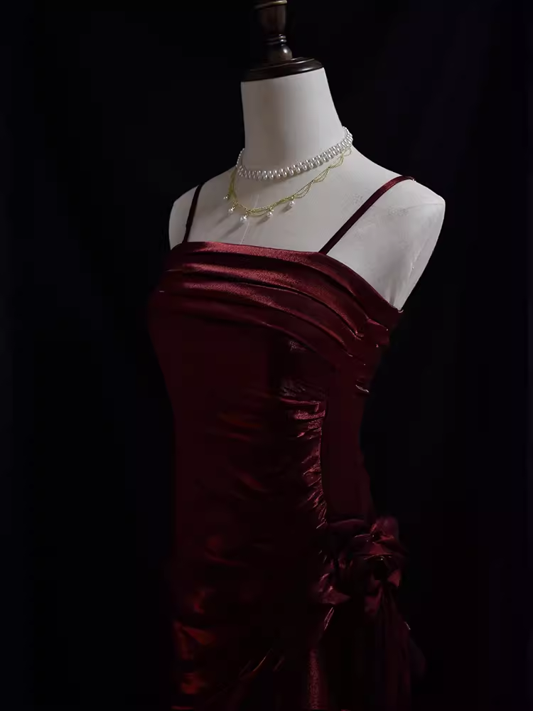 Vintage High Low Straps Ruffles Burgundy Prom Dresses C63