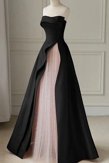 Strapless Satin Pearls Tulle Long Prom Dresses Party Dress C640