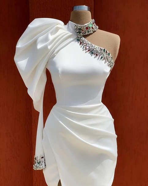 Cute A line One Shoulder White Satin Short Homecoming Dress 19th Birthday Outfits C665