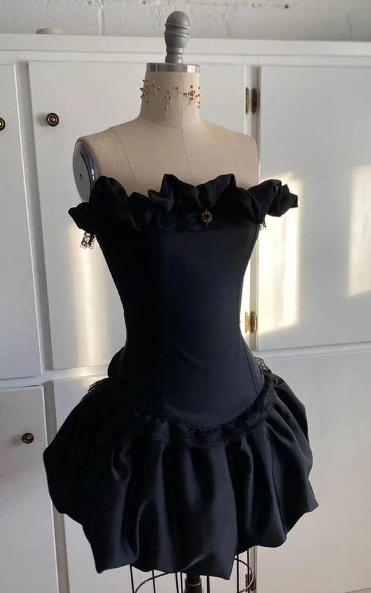 Vintage A line Strapless Short Black Homecoming Dress 19th Birthday Outfits C672