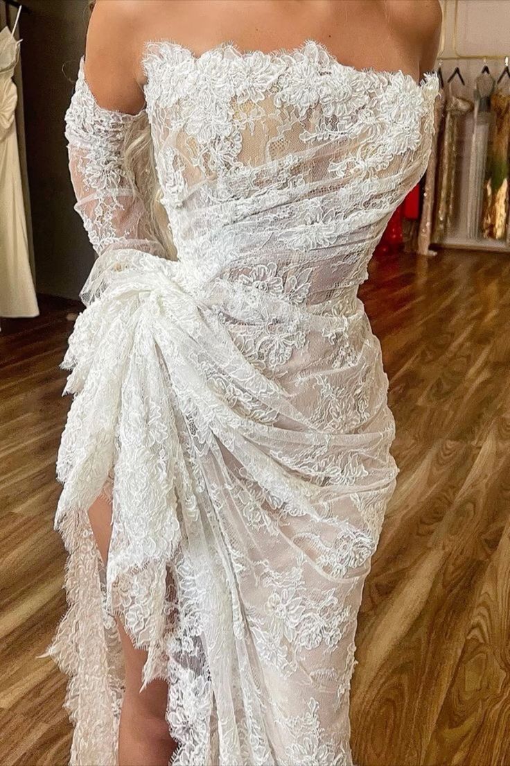 Sexy Mermaid Strapless Lace Long White Wedding Dresses C673