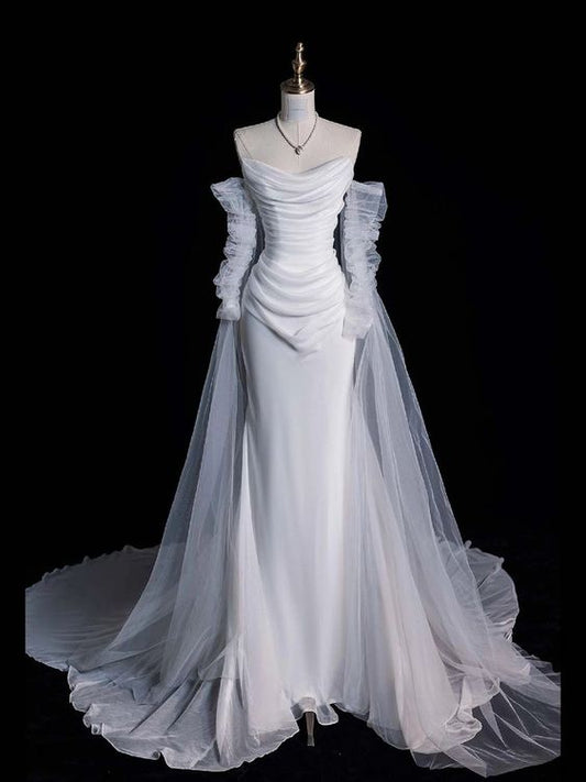 Robe de mariée longue blanche en Tulle, style sirène, sans bretelles, Vintage, C674