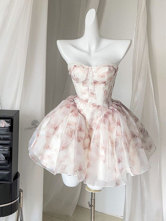 Vintage Pink Rose Print Strapless Homecoming Dress 19th Birthday Outfits C679