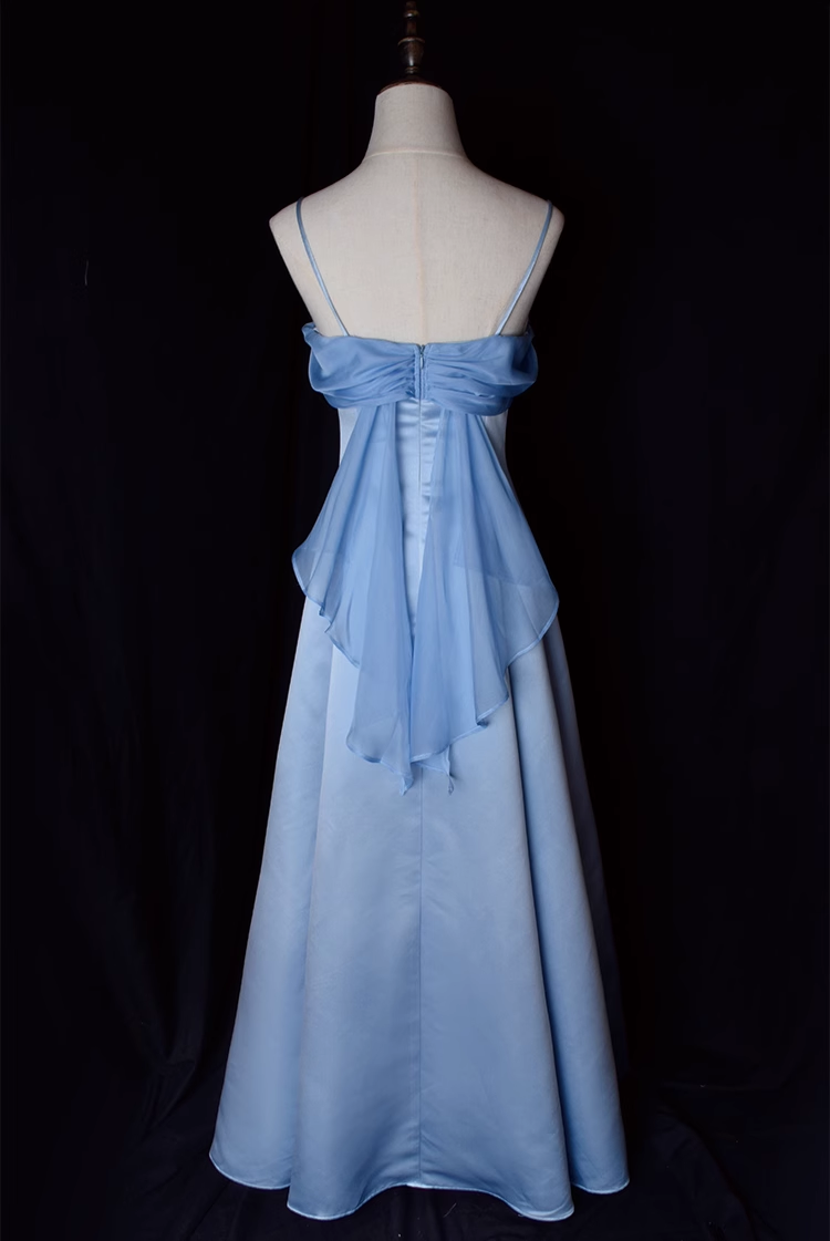 Vintage une ligne bretelles Spaghetti bleu longues robes de bal C68