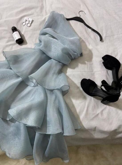 Robe de soirée courte bleue Simple, tenue d'anniversaire, C694