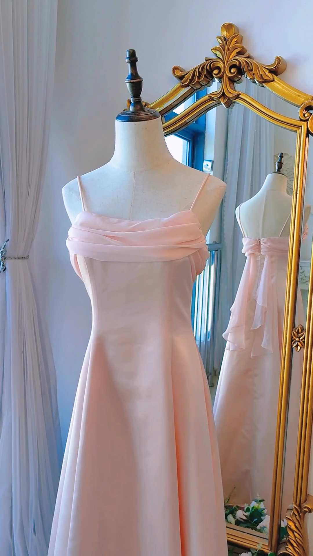 Vintage A Line Spaghetti Straps Pink Long Prom Dresses C69