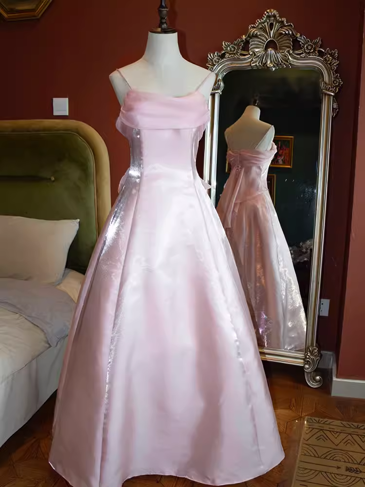 Vintage A Line Spaghetti Straps Pink Long Prom Dresses C69