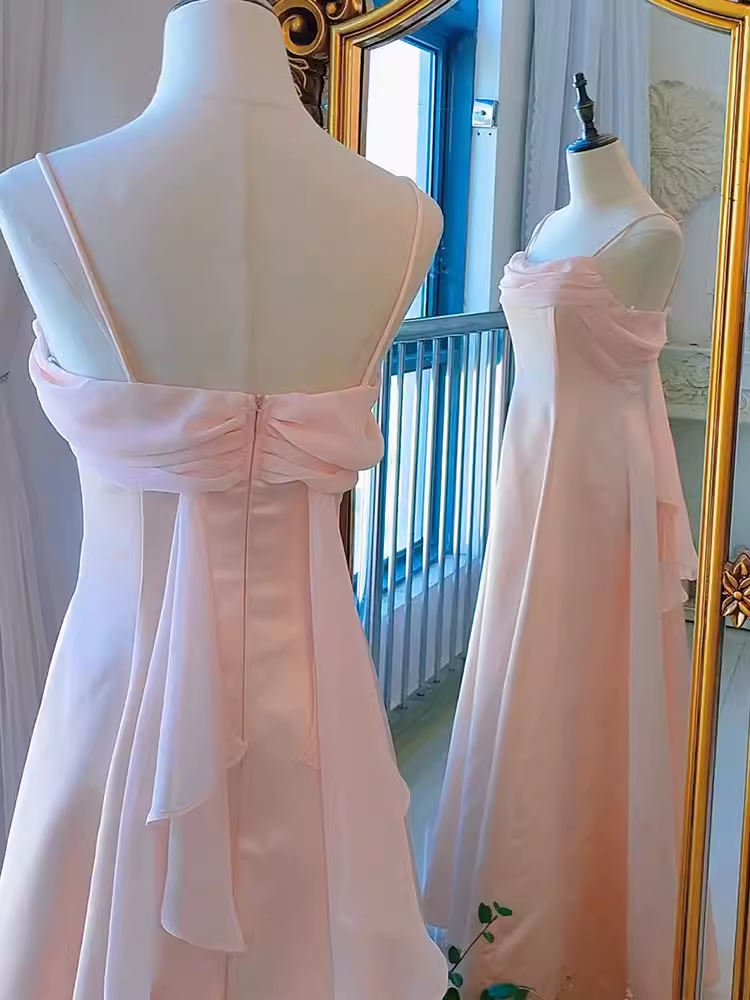 Vintage A Line Spaghetti Straps Pink Long Prom Dresses C69