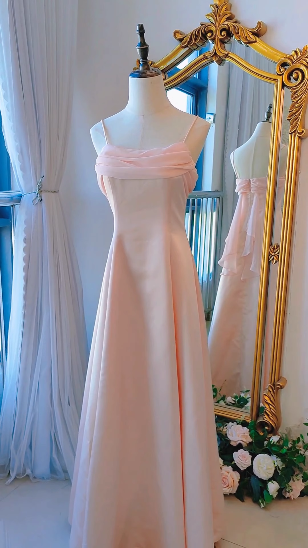 Vintage A Line Spaghetti Straps Pink Long Prom Dresses C69