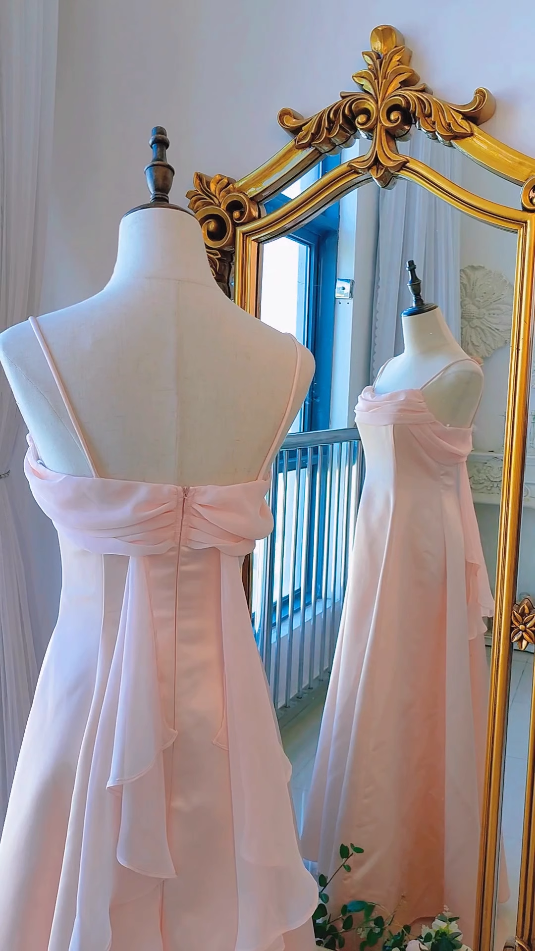 Vintage A Line Spaghetti Straps Pink Long Prom Dresses C69