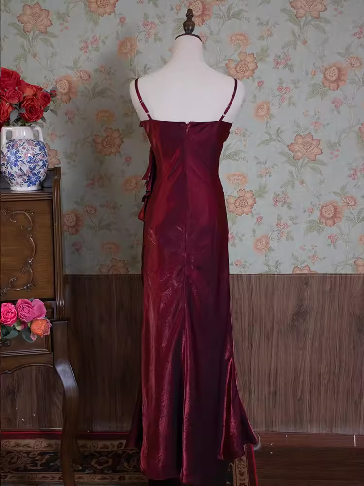 Vintage A Line Spaghetti Straps Burgundy Long Prom Dresses C70