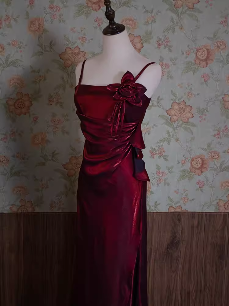 Vintage A Line Spaghetti Straps Burgundy Long Prom Dresses C70