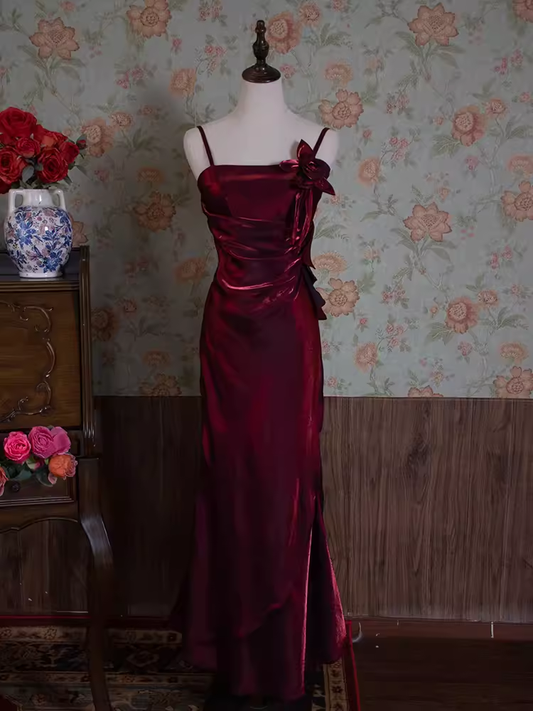 Vintage A Line Spaghetti Straps Burgundy Long Prom Dresses C70