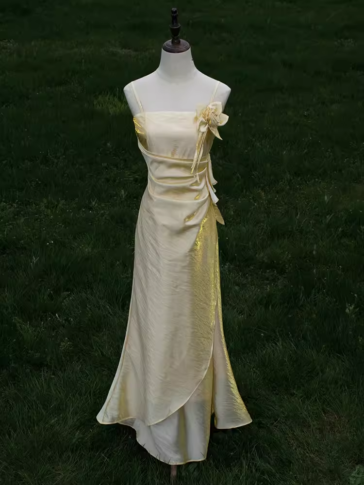 Vintage A Line Spaghetti Straps Gold Long Prom Dresses C71