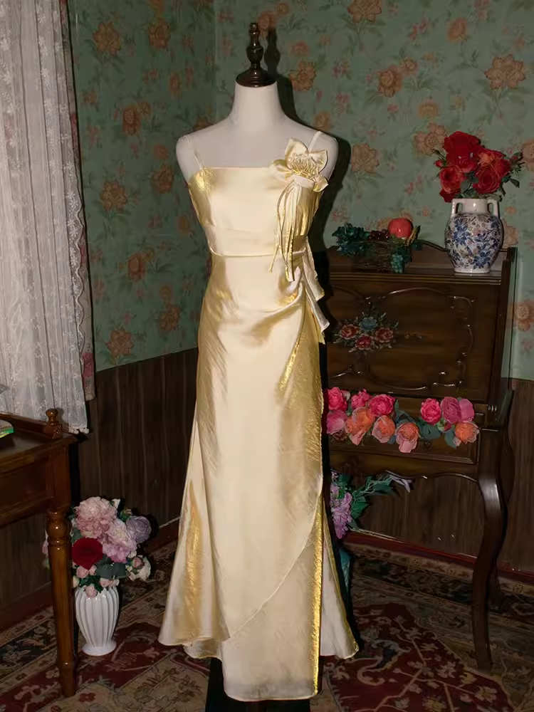 Vintage A Line Spaghetti Straps Gold Long Prom Dresses C71