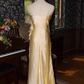 Vintage A Line Spaghetti Straps Gold Long Prom Dresses C71