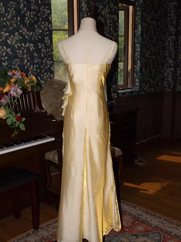 Vintage A Line Spaghetti Straps Gold Long Prom Dresses C71