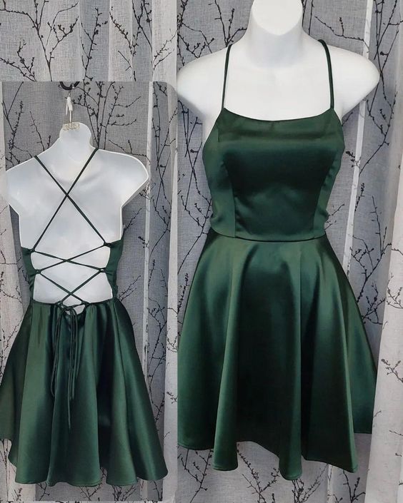 Robe de soirée courte et dos nu, ligne A, sexy, bretelles Spaghetti, verte, C723