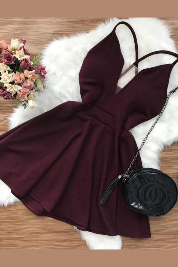 simple burgundy sleeveless v-neck fashion dress homecoming dresses C724