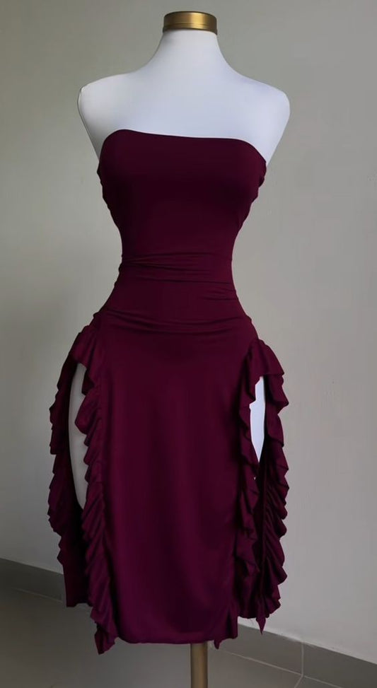 Sexy Sheath Strapless Burgundy Slit Prom Dresses Homecoming Dress C726