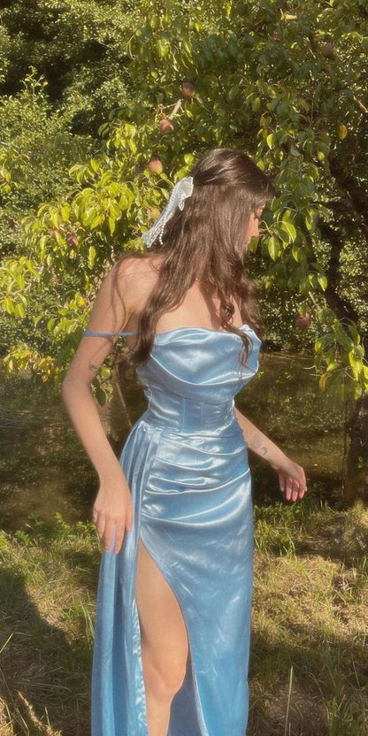 Robe de bal longue en Satin de soie, ligne A, bretelles Spaghetti, fente latérale, Vintage, C727