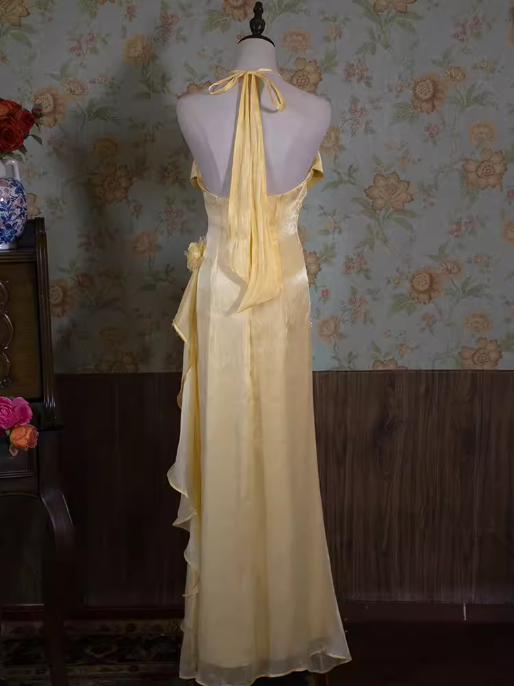 Vintage sirène licou fleurs jaunes longues robes de bal C72