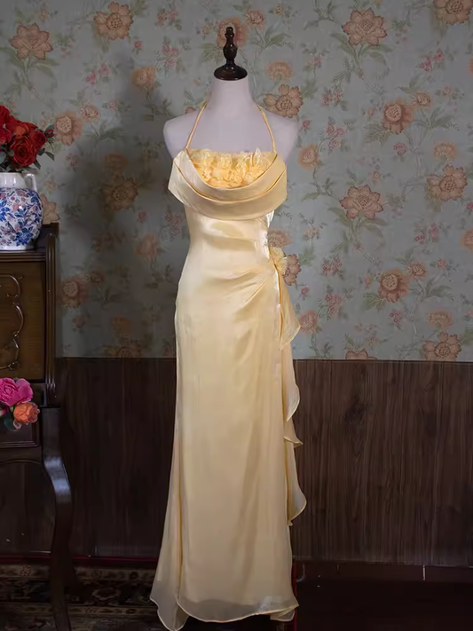 Vintage Mermaid Halter Yellow Flowers Long Prom Dresses C72