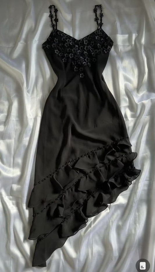 Vintage noir bretelles Spaghetti en mousseline de soie Appliques fleur robe de bal C731