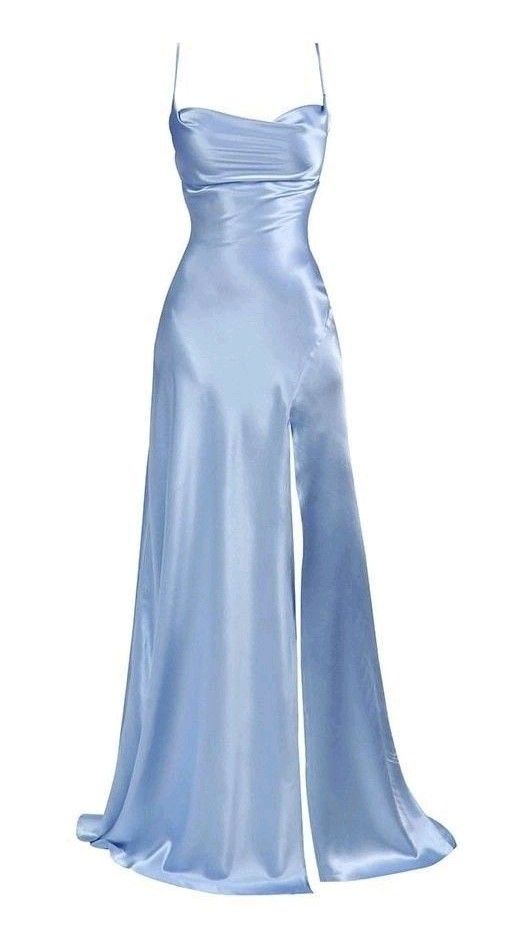 Vintage Mermaid Spaghetti Straps Custom Light Sky Blue Slit Long Prom Dresses C735