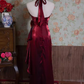 Vintage Mermaid Halter Burgundy Flowers Long Prom Dresses C73