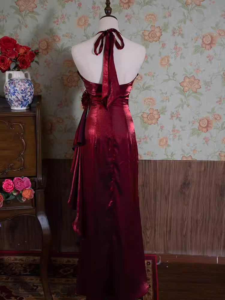 Vintage sirène licou fleurs bordeaux longues robes de bal C73