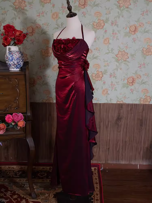 Vintage Mermaid Halter Burgundy Flowers Long Prom Dresses C73