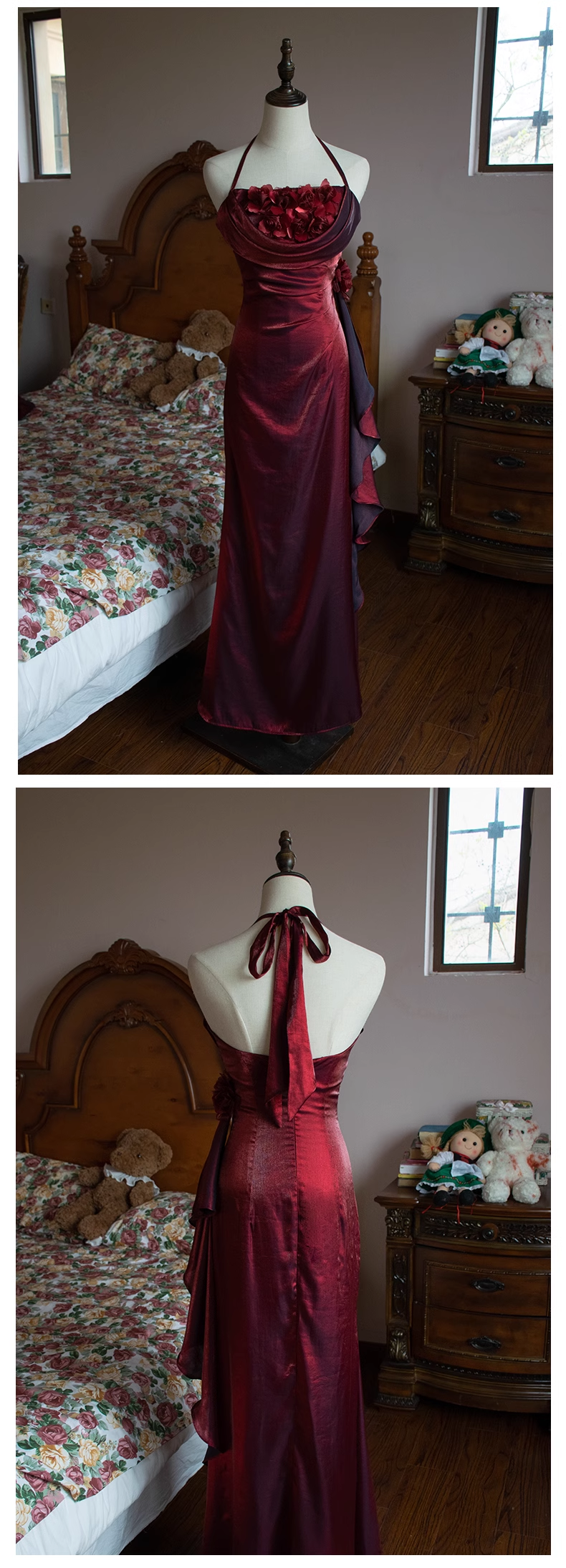 Vintage sirène licou fleurs bordeaux longues robes de bal C73