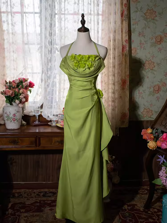 Vintage Mermaid Halter Green Flowers Long Prom Dresses C74